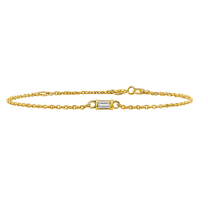 Diamond or Gemstone Baguette Bezel Charm in 14K Yellow Round Cable Bracelet