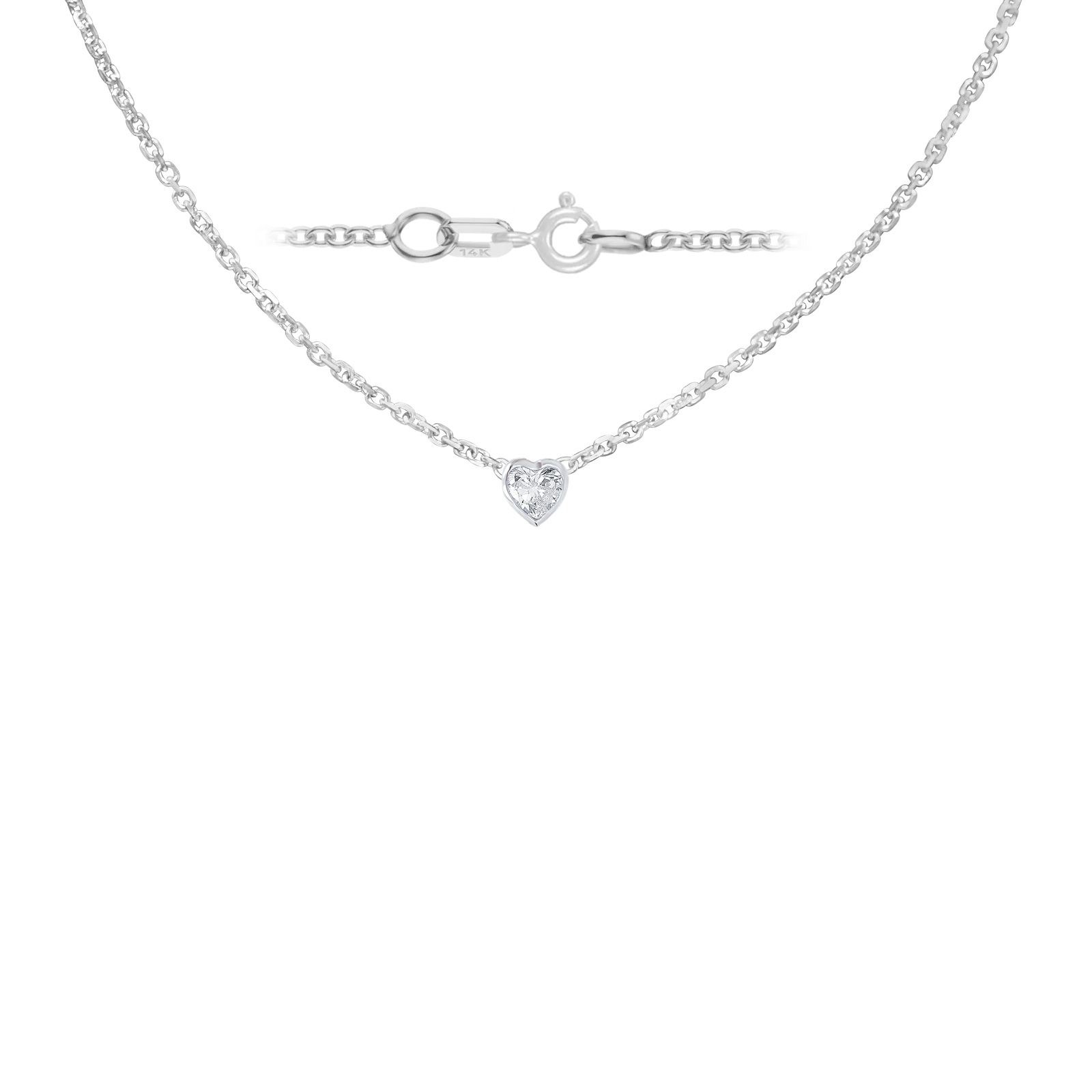 Diamond or Gemstone Heart Bezel in 14K White Diamond Cut Cable Necklace (16-18" Extension)