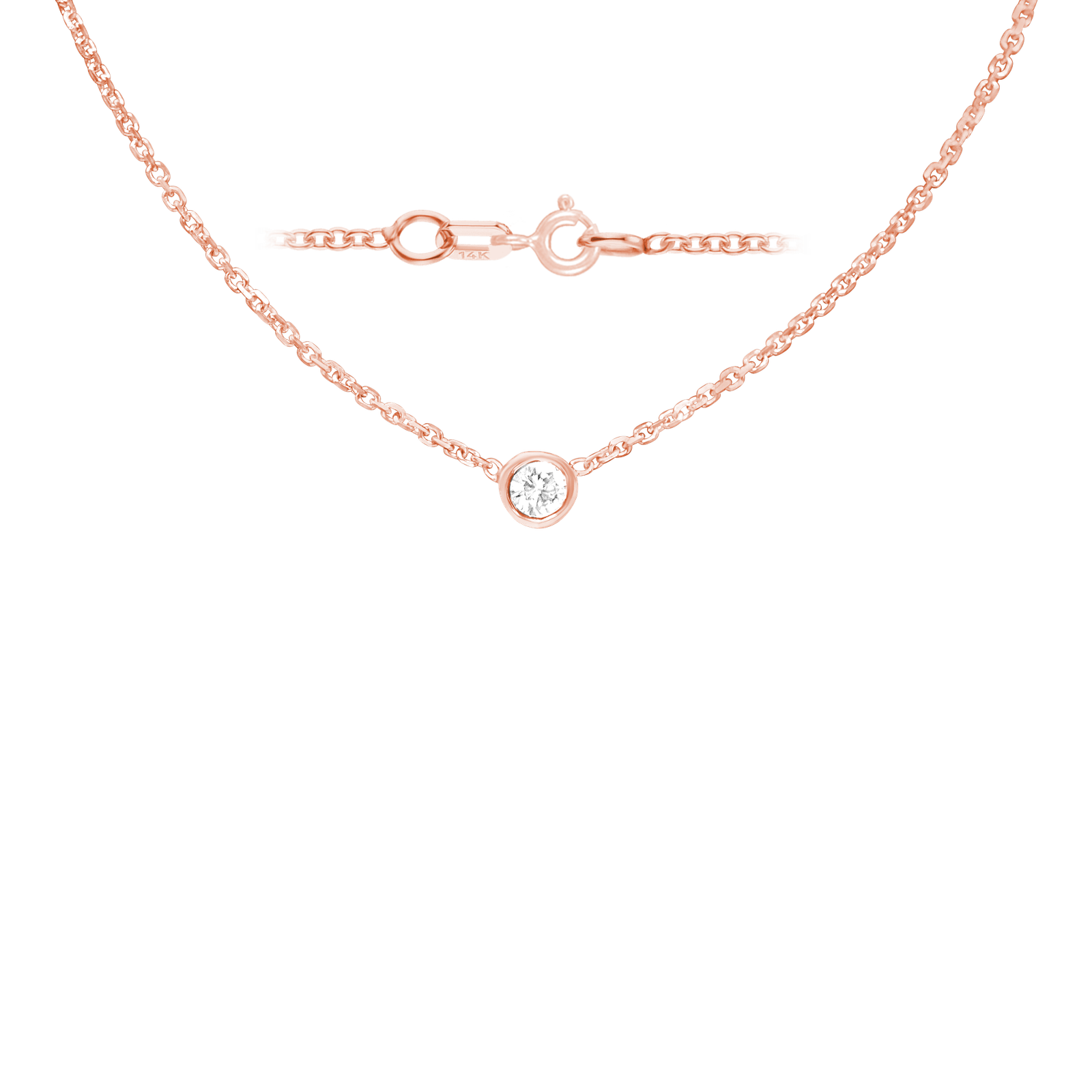 Diamond or Gemstone Round Bezel Charm in 14K Pink Round Cable Necklace (16-18" Extension)