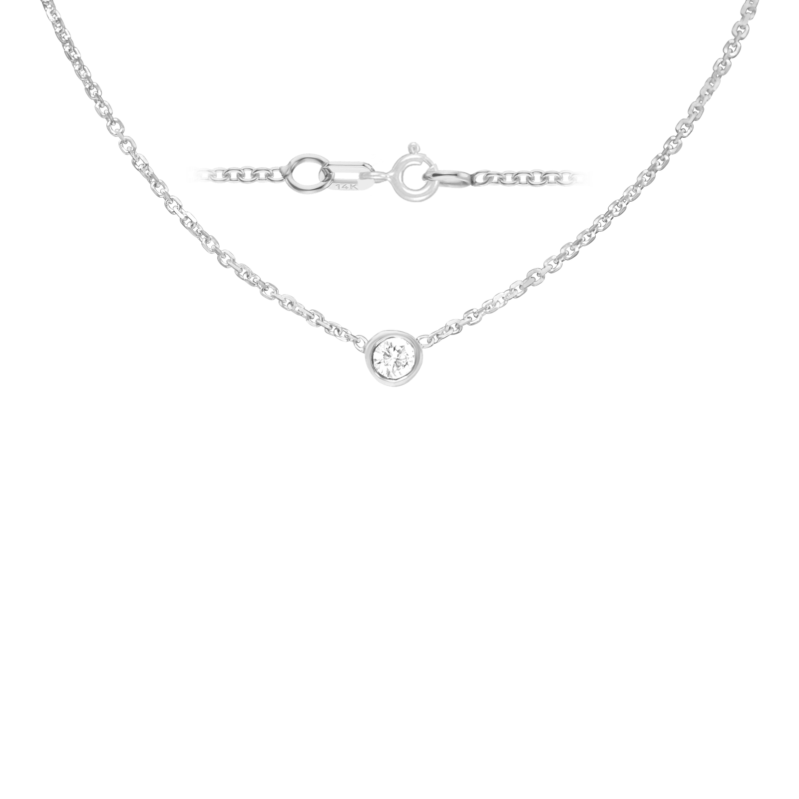 Diamond or Gemstone Round Bezel Charm in 14K White Round Cable Necklace (16-18" Extension)
