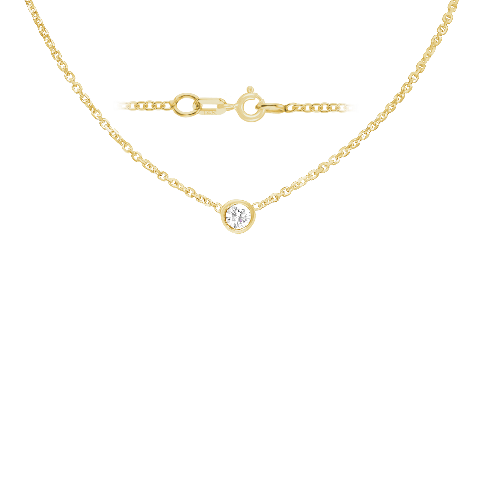 Diamond or Gemstone Round Bezel Charm in 14K Yellow Round Cable Necklace (16-18" Extension)