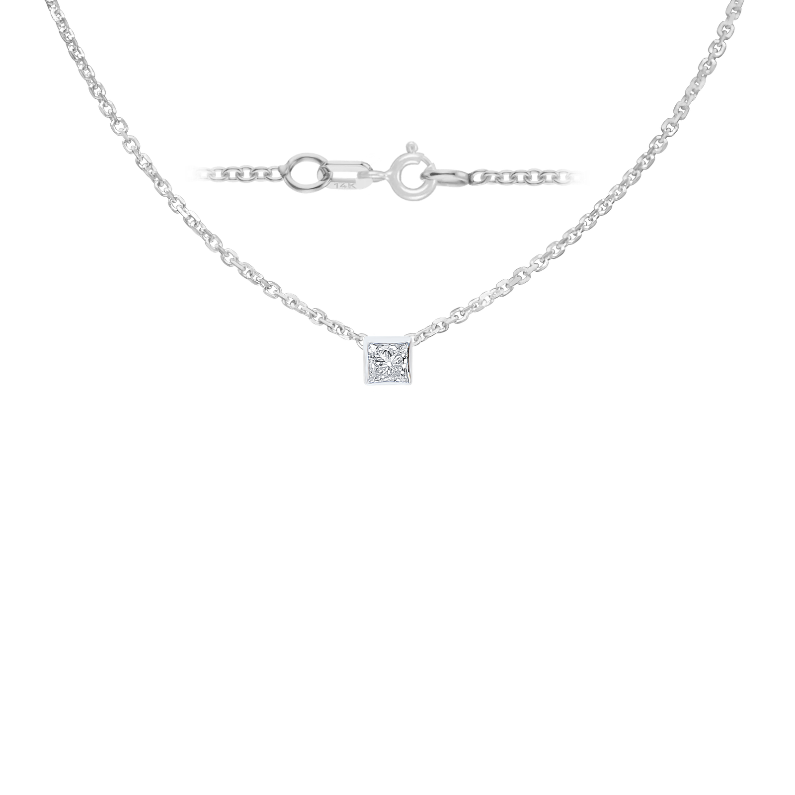 Diamond or Gemstone Square Bezel Charm in 14K White Round Cable Necklace (16-18" Extension)