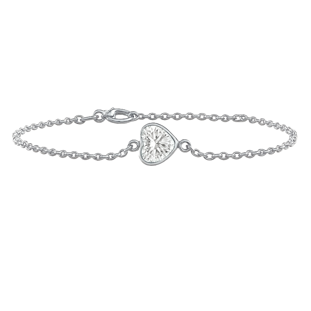 Diamond or Gemstone Heart Bezel Charm in 14K White Round Cable Bracelet