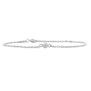 Diamond or Gemstone Round Bezel Charm in 14K White Round Cable Bracelet