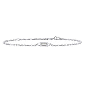Diamond or Gemstone Baguette Bezel Charm in 14K White Round Cable Bracelet