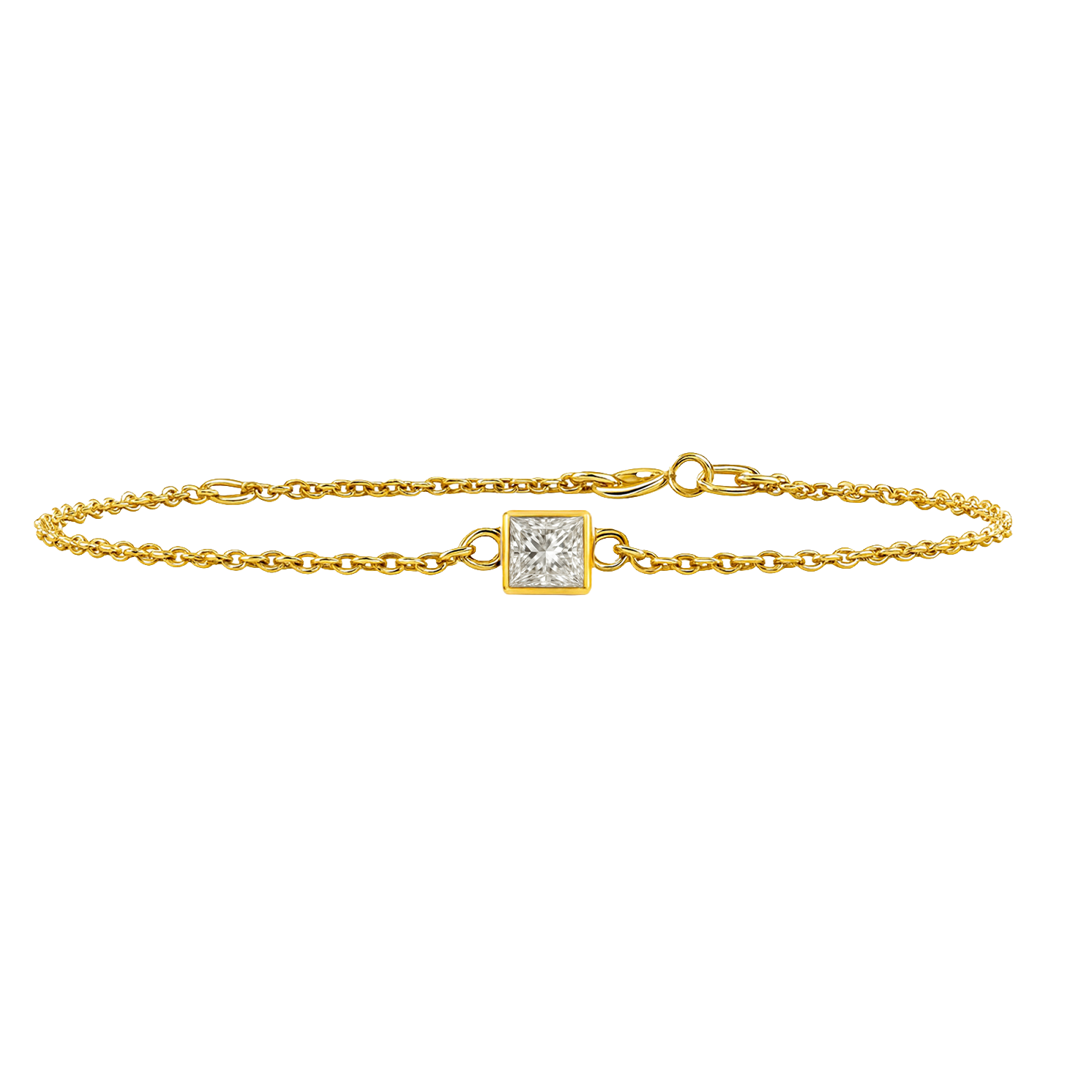 Diamond or Gemstone Square Bezel Charm in 14K Yellow Round Cable Bracelet
