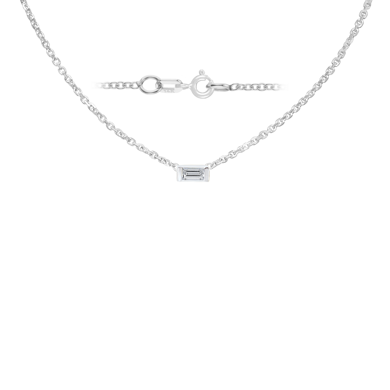 Diamond or Gemstone Baguette Bezel Charm in 14K White Diamond Cut Cable Necklace (16-18" Extension)